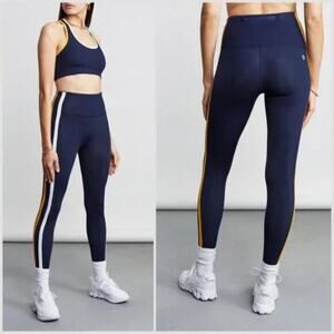 All Access Full Length Leggings XS Curved Hem Navy Blue White Stripe Athleisure